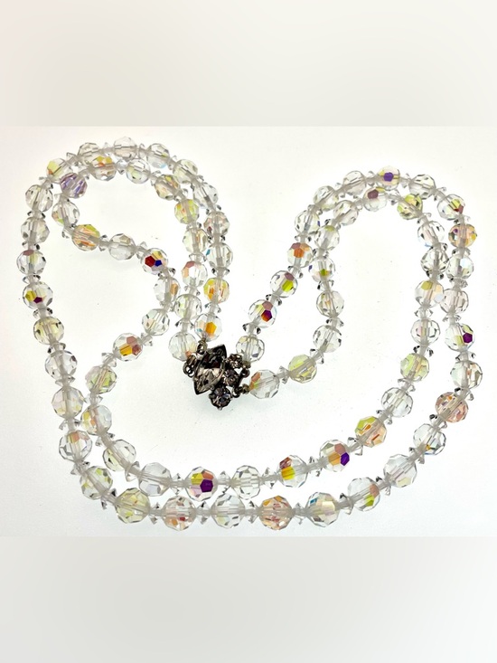 Vintage Jewelry - Vintage AB Crystal Double Strand Necklace Rhinestone Clasp Wedding Bridal